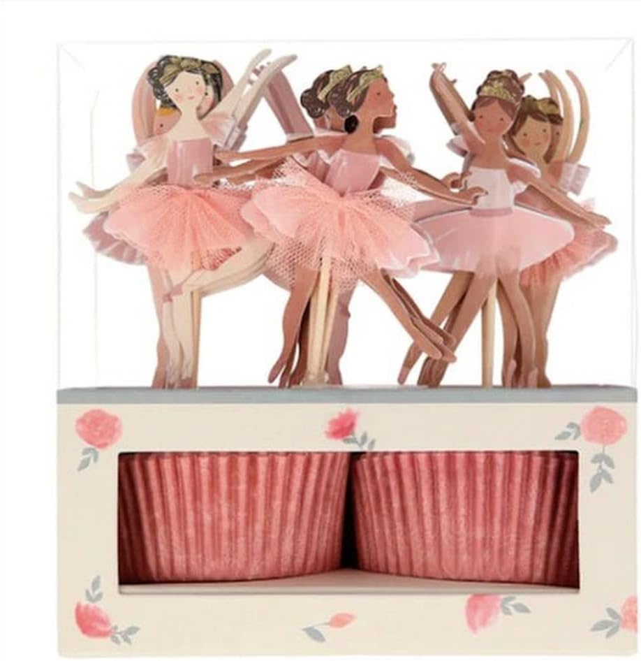 Ballerina Cupcake Kit, 24 Toppers with Pink Tulle Skirts, Gold Foil Details, Wooden Sticks and Patterned Cases for Kids Birthday Parties and Ballet-Themed Treats