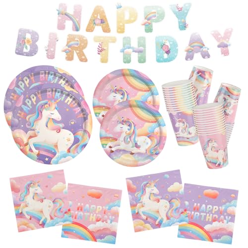 Unicorn Birthday Party Supplies Kit for 16 Guests - for Unicorn Birthday Decorations Includes Dinner & Dessert Plates Napkins Cups and Banner for 1st Birthday Party Decorations