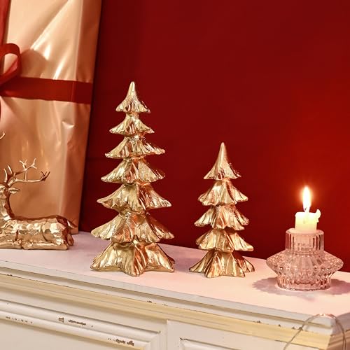 Festglox Gold Christmas Tree Figurines, Small Resin Christmas Tree Home Decor, Tabletop Christmas Tree Set Of 2, Decorative Xmas Trees For Christmas Decorations Indoor Mantle Centerpieces thumb #2