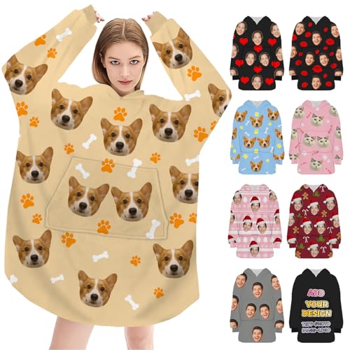 Custom Wearable Blanket Hoodies for Women Men, Pet Face Personalized Sweatshirt Hooded Blankets Throws for Adults Christmas Birthday Gifts