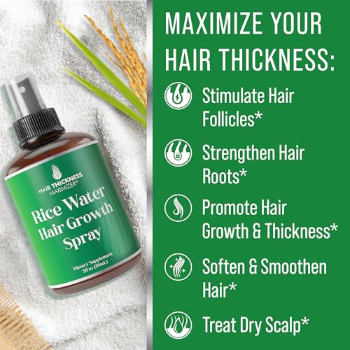 Rice Water For Hair Growth Spray By Hair Thickness Maximizer. For Naturally Thicker, Longer, and Softer Hair. Fermented Rice Water Spray with Vitamin B, C, and Aloe Vera. For Women and Men. Vegan