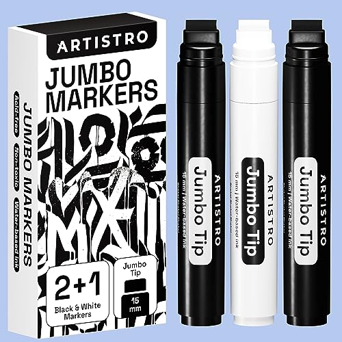 ARTISTRO 2 Black & 1 White Jumbo Markers Acrylic Markers with 15mm Jumbo Tip for Murals Tagging Posters Art Journals & Calligraphy - Large Markers for Rock Wood Plastic Leather Metal & More