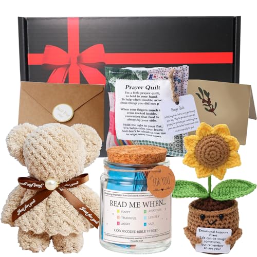 Christian Gifts for Women,6pcs Inspirational Religious Gifts for Women with Bible Verse Emotions Jar, Prayer Quilt with Cross Inside,Sunflower Emotional Support Plant,Mothers Day Birthday Gifts