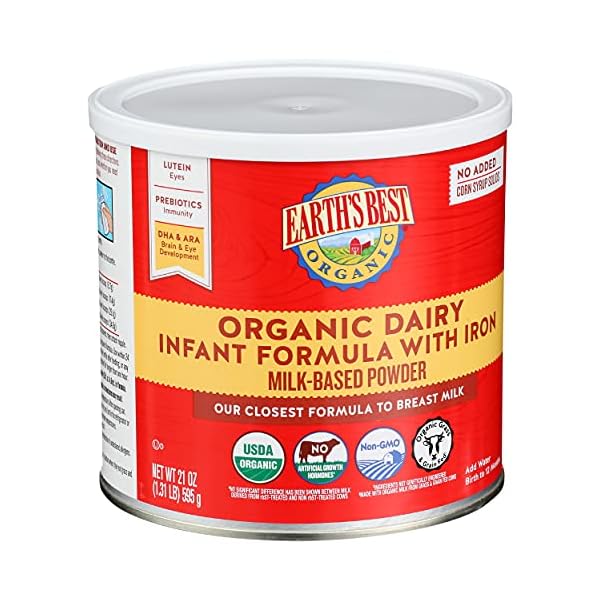 Earth's Best Organic Baby Formula for Babies 0-12 Months, Powdered Dairy Infant Formula with Iron, Omega-3 DHA, and Omega-6 ARA, 21 oz Formula Container