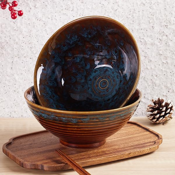 2x Ceramic Ramen Bowls - 40 oz - 20cm - With Spoon and Chopsticks for Ramen Soup Pho Udon Asian Noodles, Large Noodle Bowls (Cat's eye glaze 2 sets) - Image 9