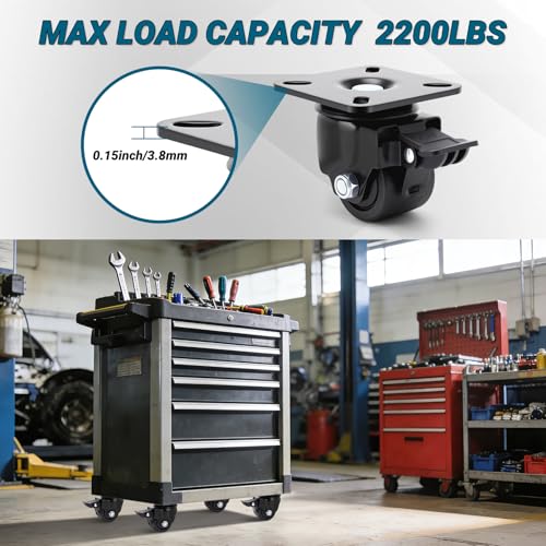 2 Inch Heavy Duty Caster Wheels Set of 4, Locking Swivel Plate Industrial Casters Load 2200 LBS, Low Gravity Design Durable, Quiet, Sturdy Nylon Wheels for Furniture, Equipment