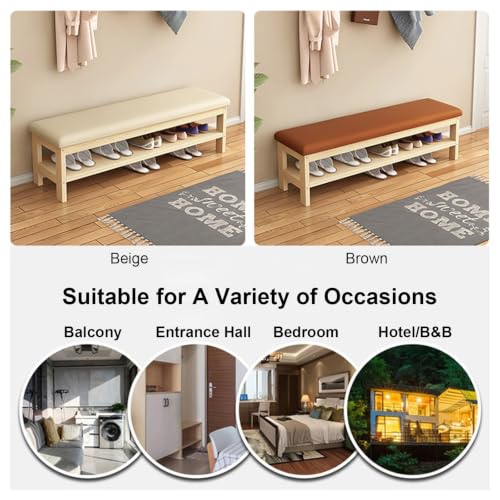 Banc à chaussures en bois massif premium avec assise cuir PU marron