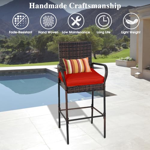 Image of Sundale Outdoor Wicker Bar Stool Set of 6, Patio Counter Height Pub Chair with Arms, High Top Rattan Barstool, Cushion Beige, All-Weather Outdoor Rattan Furniture (Brown&Red, Small Seat - 6 Stools)