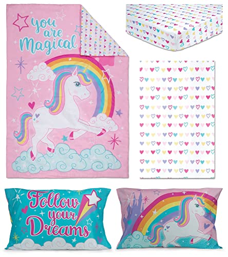 Image of Baby Boom Funhouse Unicorn Love 4 Piece Toddler Bedding Set - Includes Comforter, Sheet Set - Fitted + Top Sheet + Reversible Pillowcase for Girls Bed, Pink