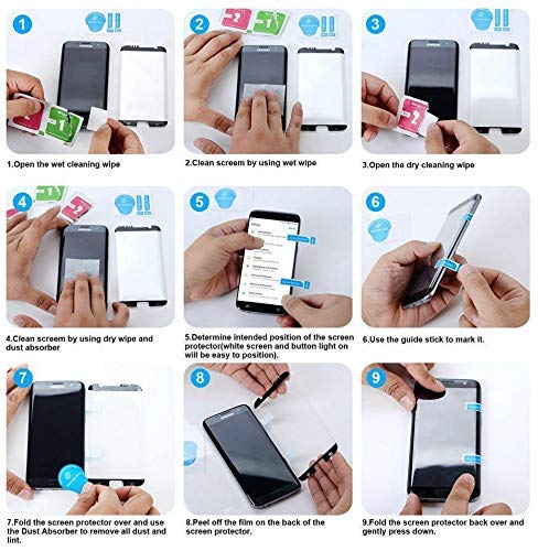 Nine-step visual guide for installing a screen protector, showing cleaning, drying, dust removal, alignment, peeling, application, and bubble removal.