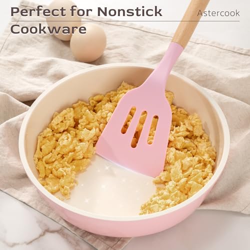 Image of Astercook Kitchen Utensils set, 39 PCS Silicone Cooking Utensils Set with Wooden Handle, 446F Heat Resistant Food Grade Utensil Sets, BPA Free Kitchen Gadgets Tools Set for Nonstick Cookware (Pink)