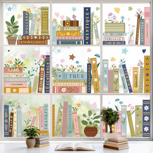 Boho Book Window Clings Inspirational Motivational Window Stickers Double Sided Wildflower Books Glass Decals for Book Lovers Back to School Library Classroom Home Wall Decor 9 Sheet