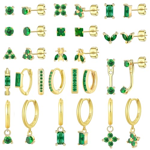 NEWITIN 15 Pairs Small Gold Stud Errings for Women Hypoallergenic Earring 14K Gold Plated Stainless Steel Inlaid Green Cubic Zirconia Earring Cartilage Stud Hoop Earrings Set
