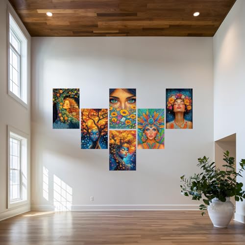 Image of SiddArtify Bohemian Floral Wall Art Prints Set - Colorful Woman Portrait Poster Decor for Living Room Bedroom - 12x18 inch Board Pack of 6