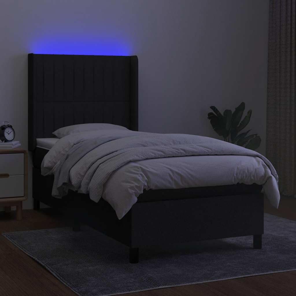 tkanina z diodami LED regulowany zagłówek czarny 100x200 cm | Łóżko kontynentalne z materacem czarne 100x200 cm tkanina z regulowanym zagłówkiem i LED