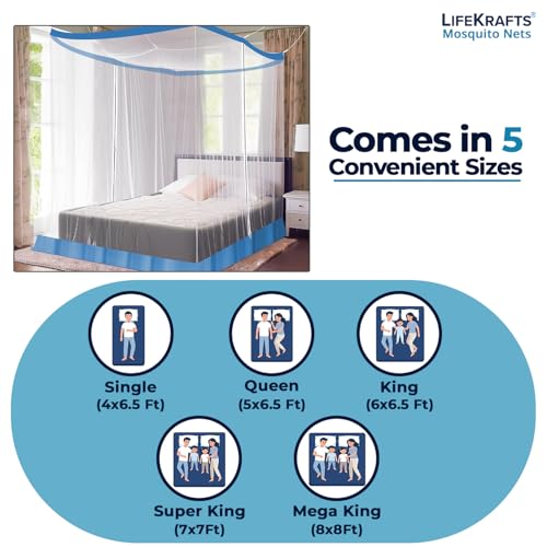 Image of LifeKrafts Bed Mosquito Net - Mega King Size Polyester Machardani (8ft x 8ft,Elegant White with Blue Border) | Double Zipper Entry | Washable & Durable Net for Peaceful Sleep