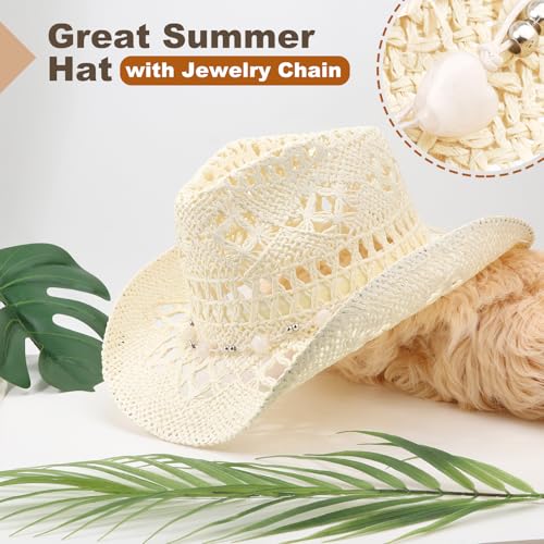 Image of DRESHOW Straw Cowboy Cowgirl Hat for Women Men Western Coastal Cowboy Beach Hat with Shapeable Brim Unisex Rolled up Caps