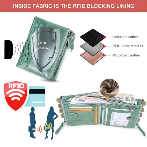Image of CONTACTS Soft Leather Wallet for Women Small Bifold Coin Purse Double Zipper Card Holder with RFID Blocking (Teal Green)