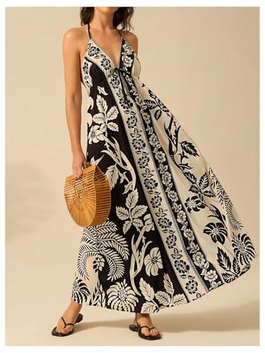 Image of SOLY HUX Women's Boho Floral Print Maxi Dress Halter Backless Flowy Long Vacation Beach Summer Dresses