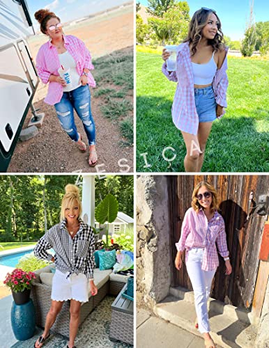 Zesica Women's Casual Plaid Patchwork Long Sleeve Button Down Oversized Shirt Blouse Top,Pink,Large #TOP5