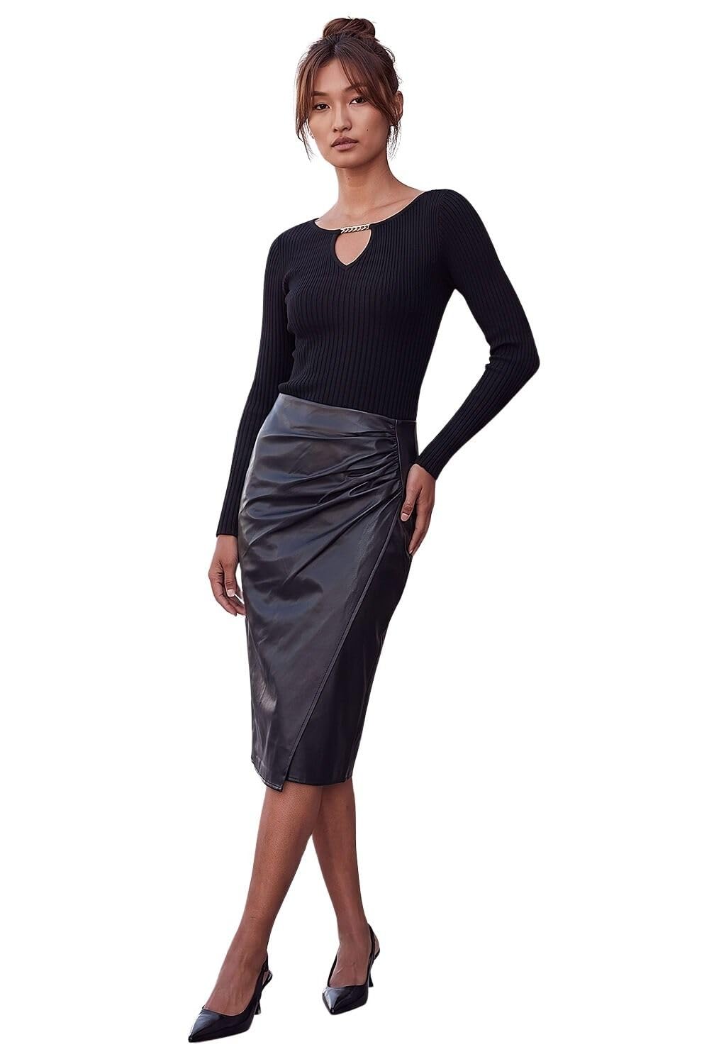 Roman Women's Black Faux Leather Ruched Wrap Skirt In | Size: 10