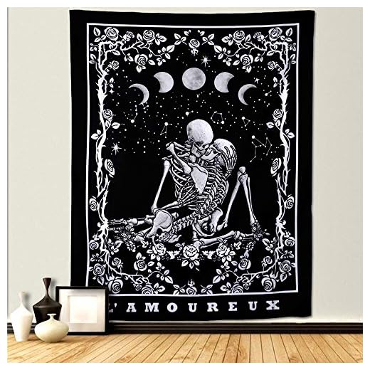 Dremisland Cráneo Tapiz de Pared Tarot Amantes de Los Besos Tapices Eclipse de Luna Colgante de Pared Blanco y Negro con Rosa Mandala Tapices para Dormitorio Sala de Estar