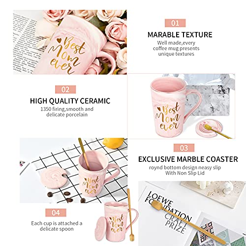 Livole Verjaardagscadeaus voor moeder, mama, mam grappige kerstcadeaus koffiemokken voor moeder, Moederdag geschenken, beste moeder ooit, 414 ml (14 oz) keramische marmeren koffiemok theekop met deksel, goud kleurige lepel en geschenkdoos, roze - Afbeelding 5