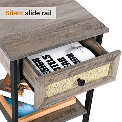 Classic Rattan Nightstands With Drawer For Bedroom, Wooden Desktop End Table For Living Room, Easy-Cleaning Home Furniture, Easy Assembly Design Brown Drawer Finish #TOP4