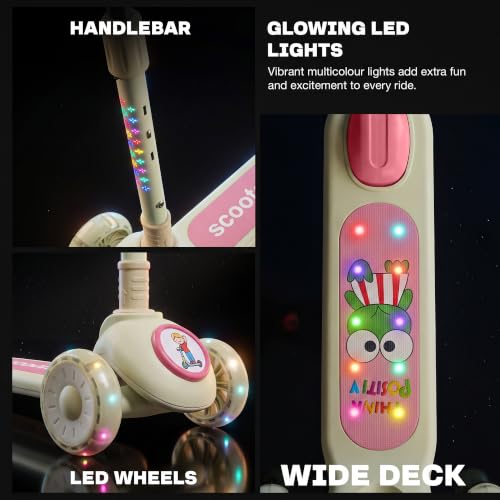 Image of Baybee Rydelle 3 Wheel Kick Scooter for Kids with LED Light Up Wheels & Music | Foldable, 3 Height Adjustable Kid Scooter Handle & Brake | Runner Scooters for Kids 2 to 10 Years Boys Girls (Cream)