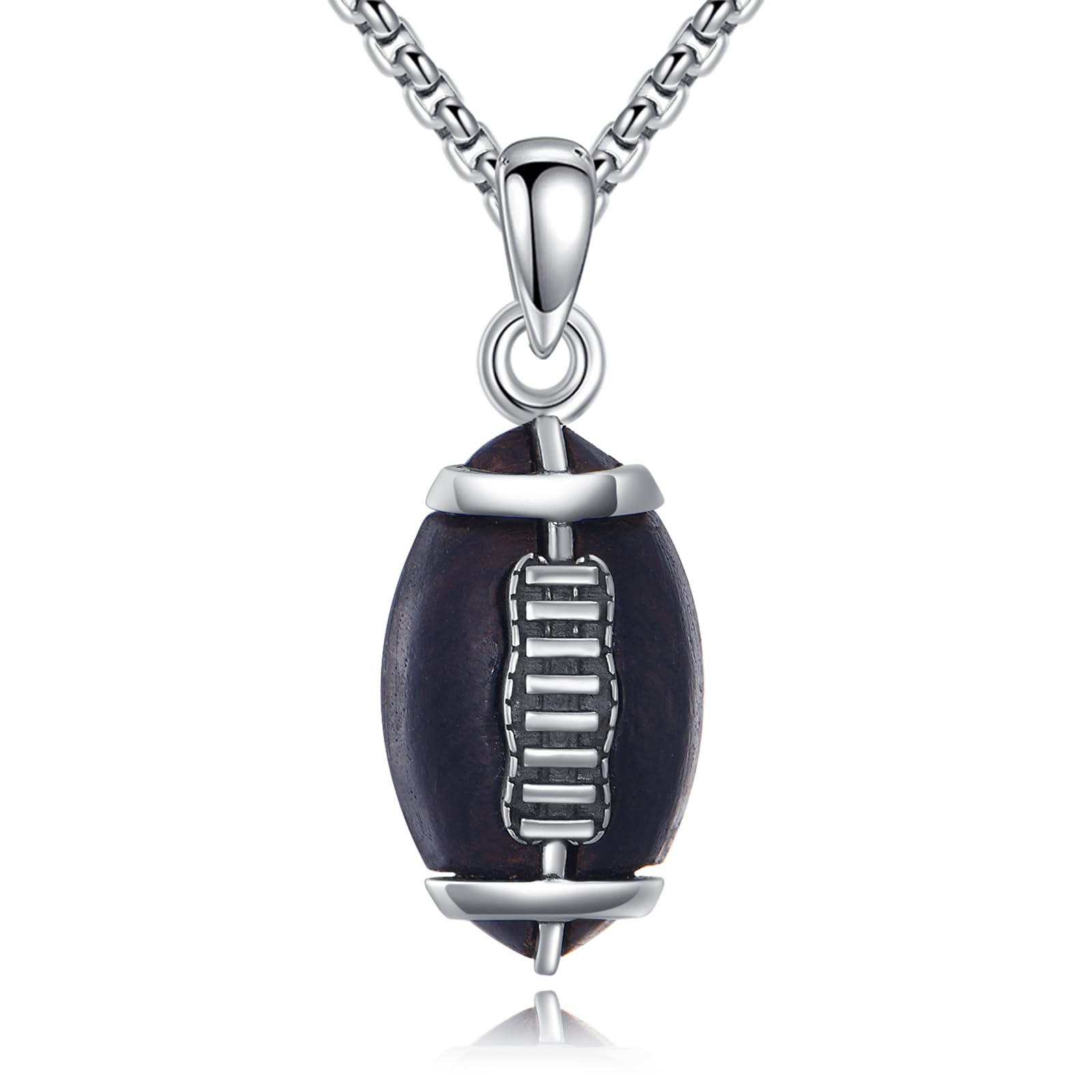 Collar de rugby de plata de ley con cadena de fútbol, collar de madera para hombre, joyería deportiva, balones de fútbol, regalos para hombres