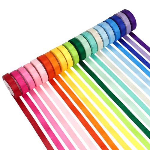 Kryvus Rainbow Satin Ribbon Set 20 Colors 3/8 x 5 Yards Each 100 Yards Total Double-Faced Colorful Satin Ribbons for Gift Wrapping Hair Bows Wedding & Party Decorations DIY Crafts