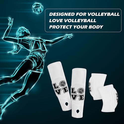 Ramede Volleyball Knee Pads and Arm Sleeves with Protection Pad Forearm Elbow Sleeve with Thumb Hole Volleyball Accessories Gear for Girls Women (2 Pairs, White, Volleyball)