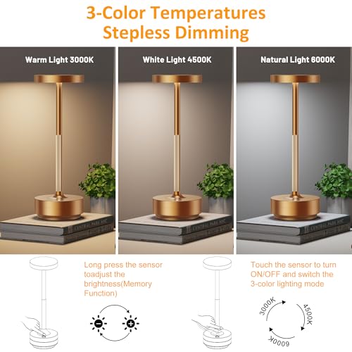 SAKRINGT Rechargeable Cordless Table Lamp - Battery Operated LED Portable Table Light with 3 Color Stepless Dimming, Memory Function - IP54 Waterproof for Outdoor, Restaurant, Patio, Camping