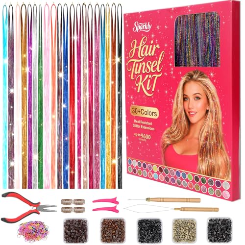 Hair Tinsel Kit with Tools 8700+ Strands 20 Colors Fairy Hair Extensions 48 Inch Heat Resistant Holographic Glitter Tinsel Perfect Christmas Party & Festival Gift for Girls & Women