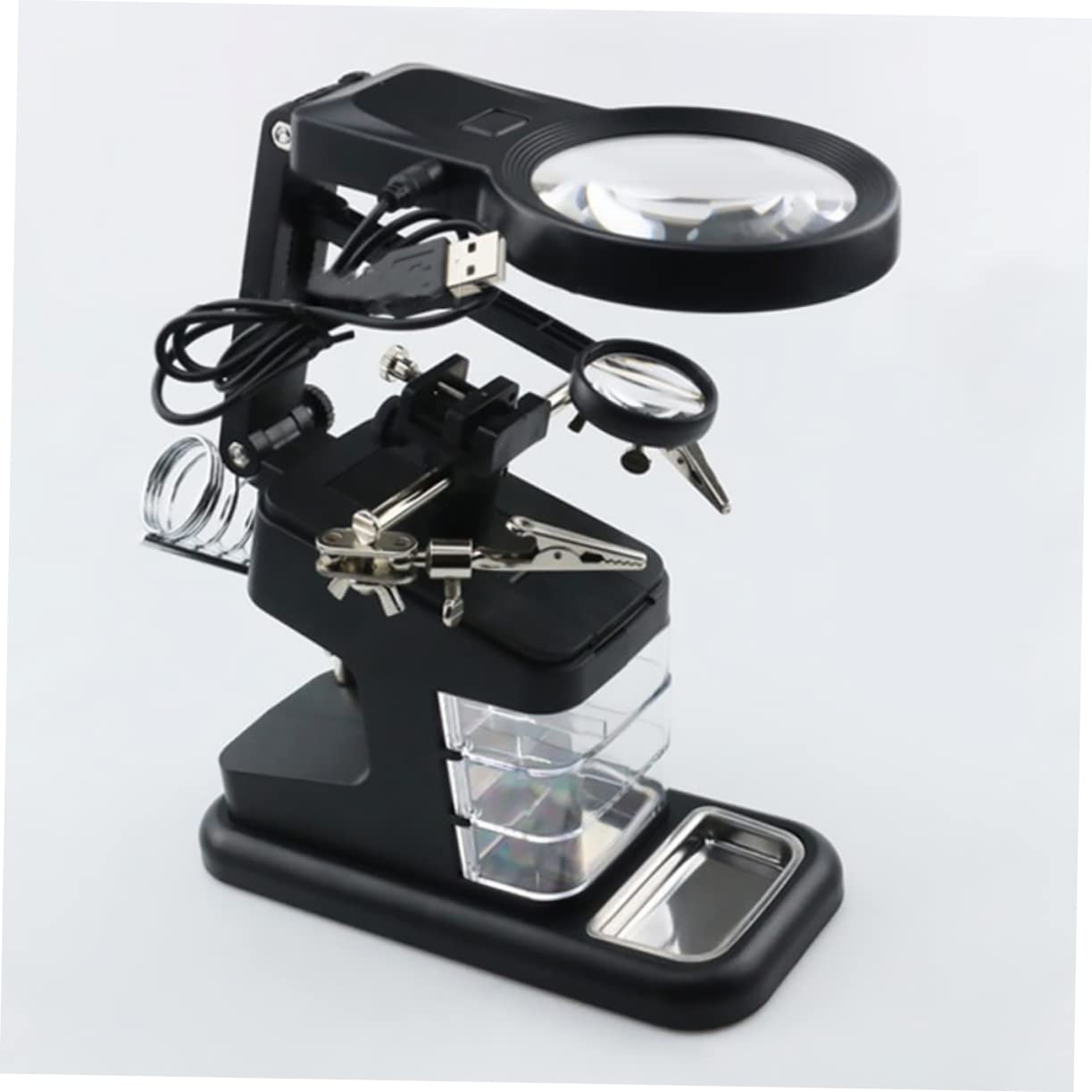 Soporte para Soldar Luz LED y Lupa de Sobremesa Pinzas | Brazos Flexibles, Cuello Giratorio 360°, Base Estable Soporte para Herramientas y Bandeja de Almacenamiento Estilo Aleatorio