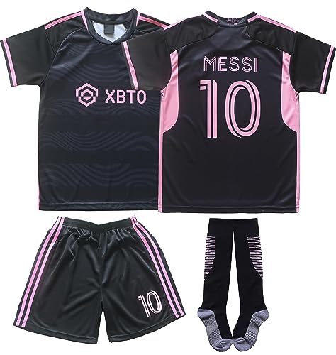 PINPOTEX Miami Messi #10 Fotbollströja Set Ny Säsong Bort Borta Tröja Barnfotboll, inkluderar strumpor och shorts, ungdomsstorlekar (Svart,30)