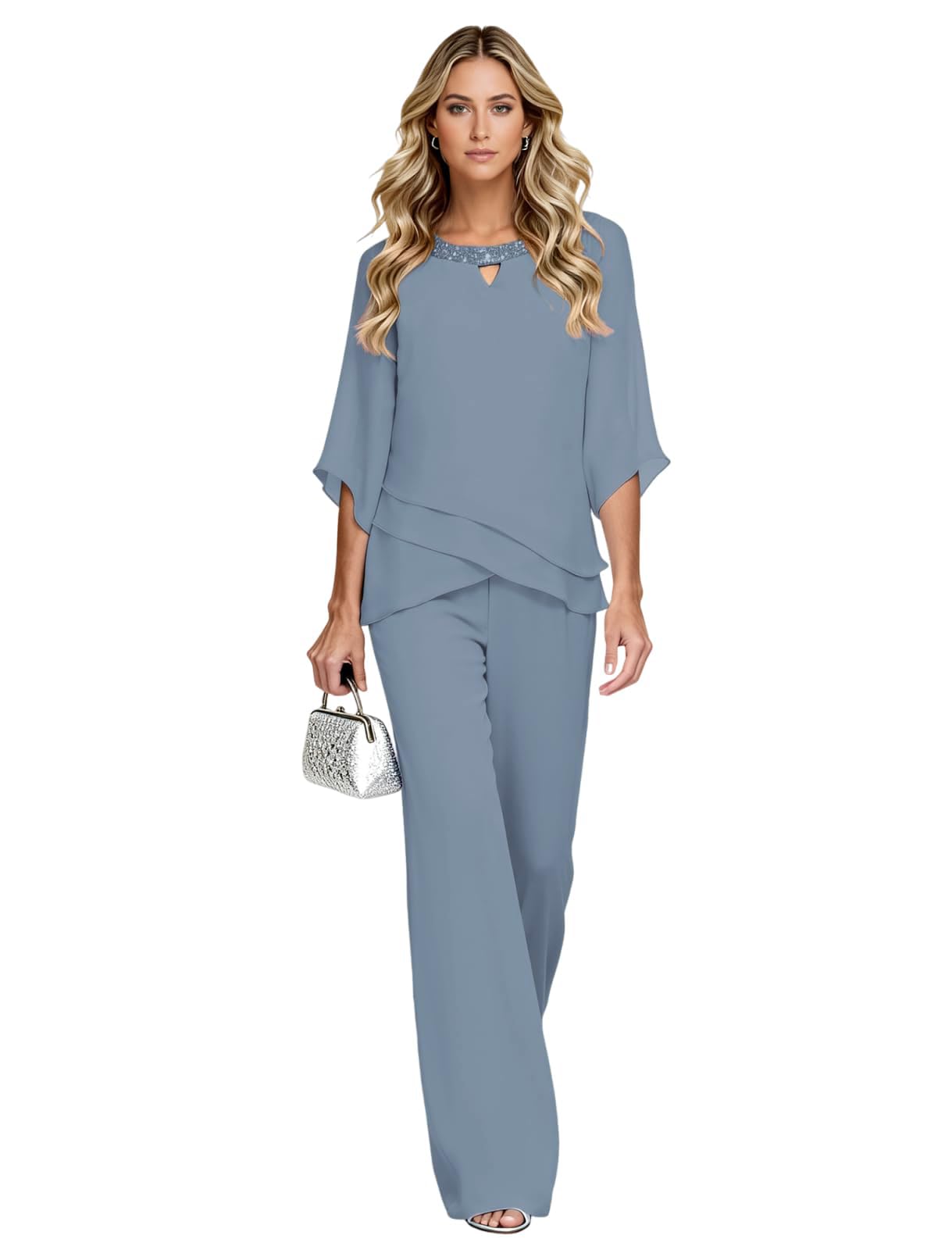 JAEDEN Hosenanzug Damen Elegant 2 Teiler Chiffon Kurzarm Brautmutter Hosenanzüge für Hochzeit