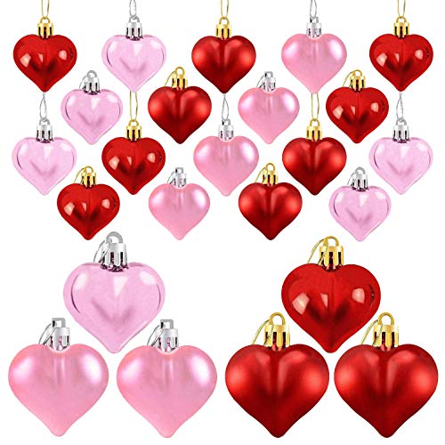 ricluck 24 Pieces Heart Shaped Hanging Ornaments Valentine's Day Heart Ornaments for Valentine's Day, Heart Baubles Decorations for Valentines Wedding Anniversary Home Party Decor (Red, Pink)