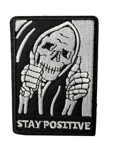 Stay Positive Thumbs-up Skull Embroidered Patch - Hook and Loop Motivation Punk Morale Military Army Badge Cool Meme Tactical Emblem for Backpack Bag Vest Clothes Gym Jeans Hats Shoes