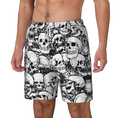 Black and White Skulls Pattern Breathable Fit Trends Men's Swim Trunks Board Short with Waist Elastic Band Swimming Trunks2