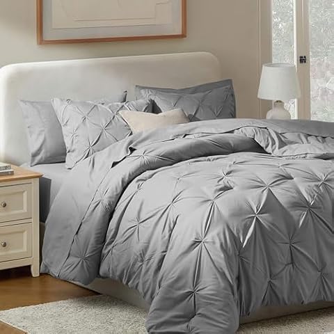 Nestl Queen Comforter Set 7 Piece - Pinch Pleated Comforters Queen Size Grey, Bed in a Bag Queen All Season, Queen Size Comforter Sets Bedding with Flat Sheet and Fitted Sheet, Pillowcases and Shams Cover