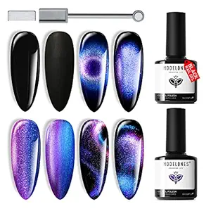 modelones 9D Cat Eye Gel Nail Polish Set - 2 Pcs Black Blue Chameleon Magnetic Galaxy Glitter Galactic Effect Magic Gel Polish with Magnet Stick Soak Off LED Gel Nail Polish Nail Art 7ML