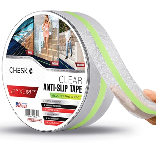 Chesk Grip Tape for Stairs – 2in x 30ft Glow in the Dark Clear Grip Tape – Adhesive Stair Treads Non-Slip Indoor and Outdoor – Anti-Slip Stair Strips for Skateboard, Shower, Floor, Steps