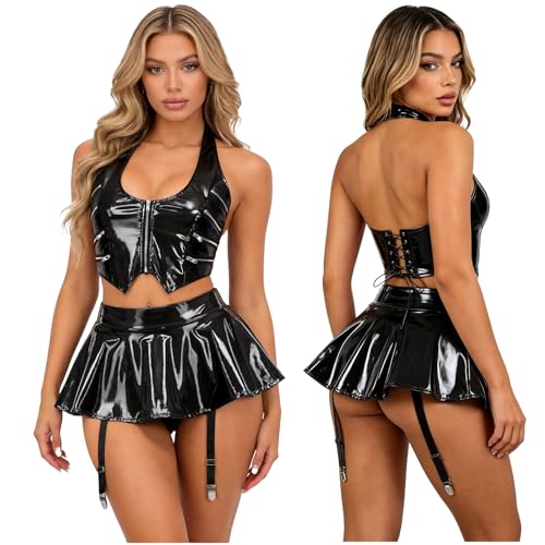 renvena Disfraz de mujer ropa de calle con tirantes, minifalda Gogo, bailarina, cantante, disfraz de escenario, cremallera, bralette, conjunto de pijama, boda, negro, XL