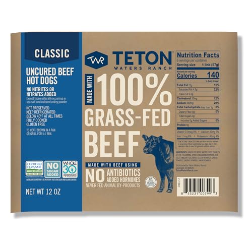 Teton Waters Ranch 100% Grass-Fed Beef Hot Dogs, Uncured All Beef Sausage, Fully Cooked, No Antibiotics or Hormones, Certified Humane - 6 count, 12oz