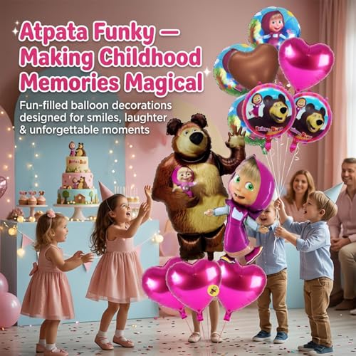 Image of Atpata Funky Forest Girl and Bear Theme Foil Balloons Pack - 10 Pcs | Birthday Party Decorations for Girls | Heart & Round Balloons for Kids Cartoon Party, Jungle Theme Decor