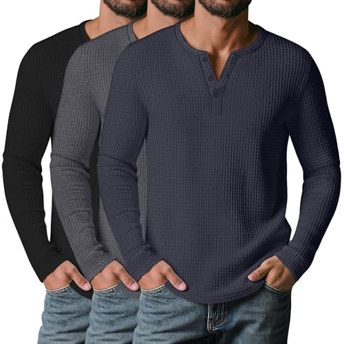 Velvelhall 3 Pack Men’s Waffle Henley Shirts, Long Sleeve Button Tops Casual Basic T-Shirts Lightweight Knit Pullover(Black, Dark Gray, Gray Blue,X-Large)