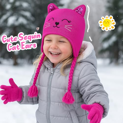 Girl Knit Cat Ear Beanie Hat and Glove Set Kids Winter Earflap with Braided Ski Skull Cap Mitten Set Age 3-72