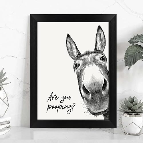 Funny Bathroom Wall Art - 16"x12" Black Framed Canvas Print with Humorous Donkey "Are You Pooping?" Design, Rustic Farmhouse Wall Decor for Bathroom, Restroom, Laundry Room or Kids Room, Cute Animal Pictures Ready to Hang — view 2