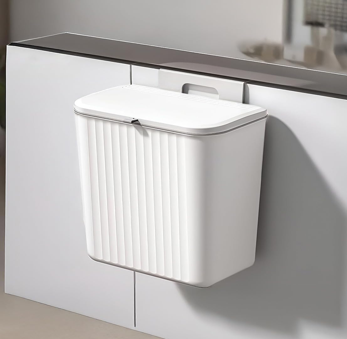 Hanging Kitchen Dustbin with Lid | Wall Mounted & Cabinet Hanging Trash Bin Plastic Garbage Waste Bin with Over Door Hook & Adhesive Mount Waste Basket for Kitchen Bathroom & Office (White)-image-6